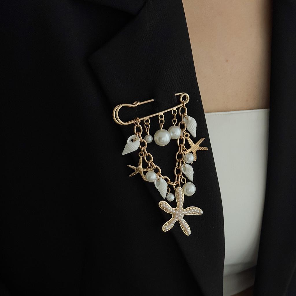 Salircon Bohemian Starfish Conch Imitation Pearl Pendant Brooches for Women Functional Detachable Suits Pin Accessories Jewelry