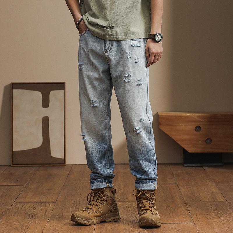 Gewaschene neue lockere gerade Jeans trendig amerikanischer Streetwear trendige Risse Löcher beliebte Retro lässige Jeanshose Sommer