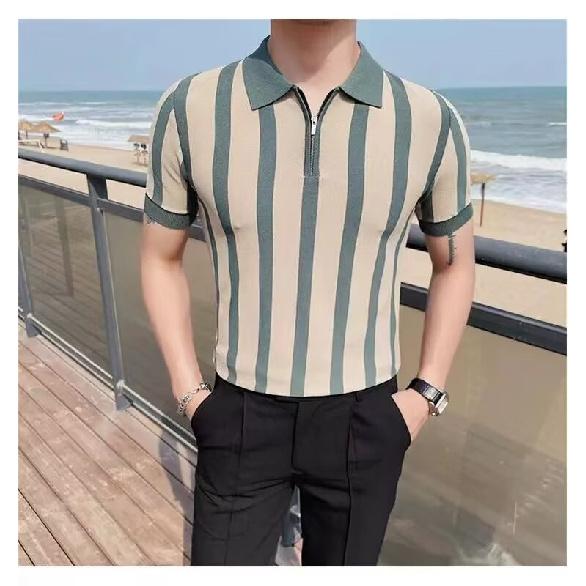 Summer Men's Knitted Short Sleeve Half-Zip Polo Shirt Korean Style Slim Fit Casual Turn-Down Collar Half Sleeve T-Shirt Base Shirt