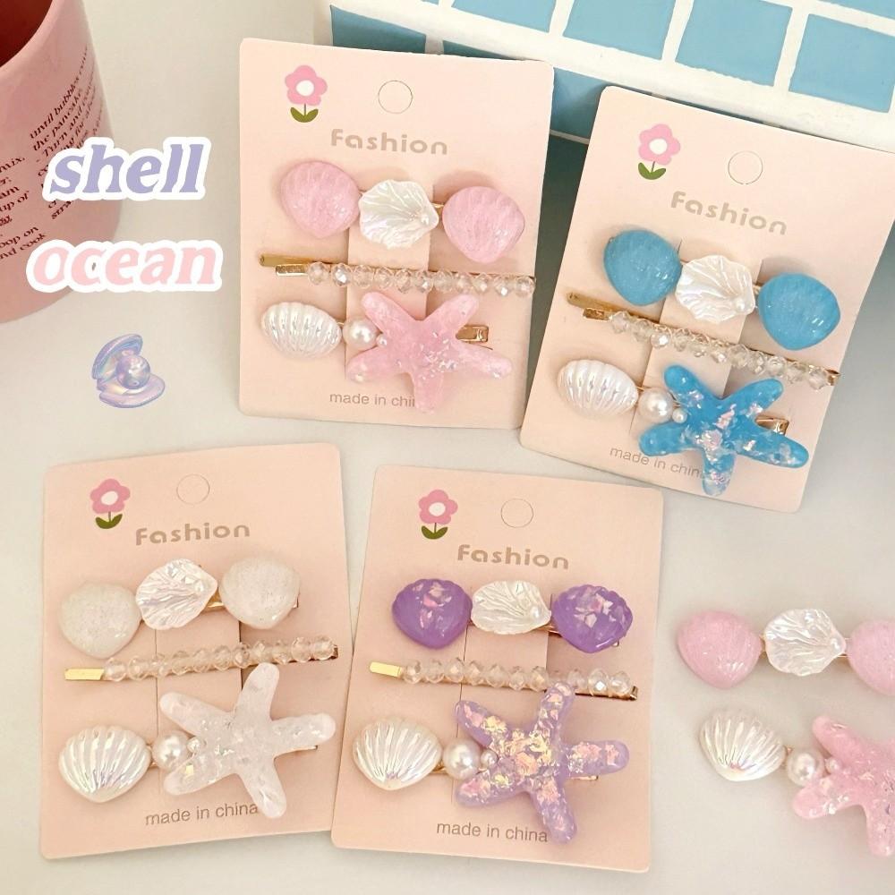 3pcs/Set Ocean Series Shell Starfish Hair Clips Pearl Barrette Princess Headdress  Hair Accessories