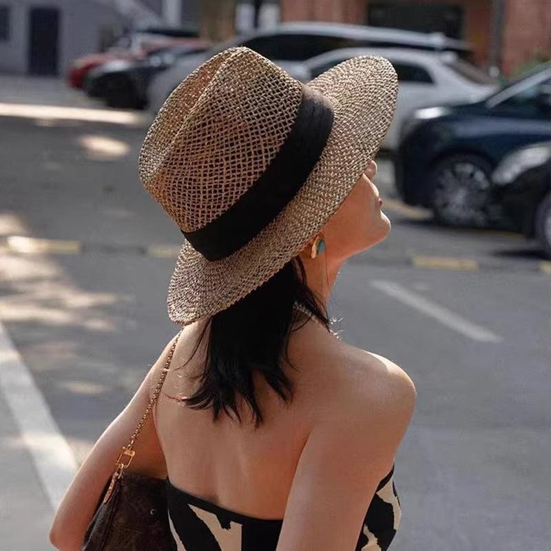 Hollow Panama Hat French Webbing Holiday Jazz Hat Knitted Topper Beach Photo Ambience Sun Hat