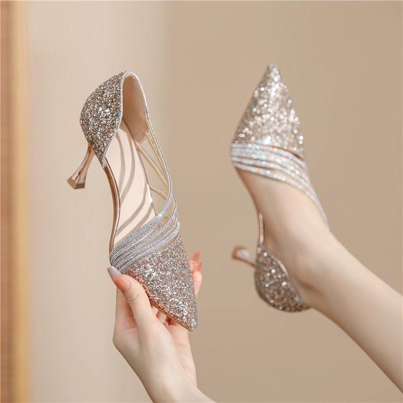 2025 Champagne Rhinestone Stiletto Heels: Elegant Pointed Toe Bridal Shoes