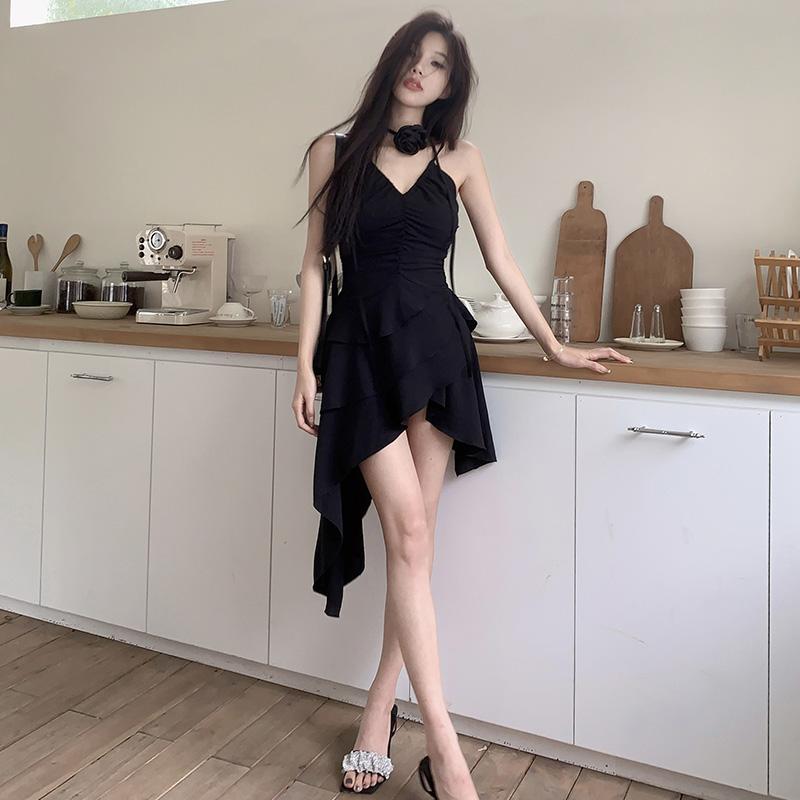 V Neck Y2k Women Dresses Solid Black Flowers Vintage Spring Summer Vestidos Mujer Fashion High Waist Sexy Mini Dress