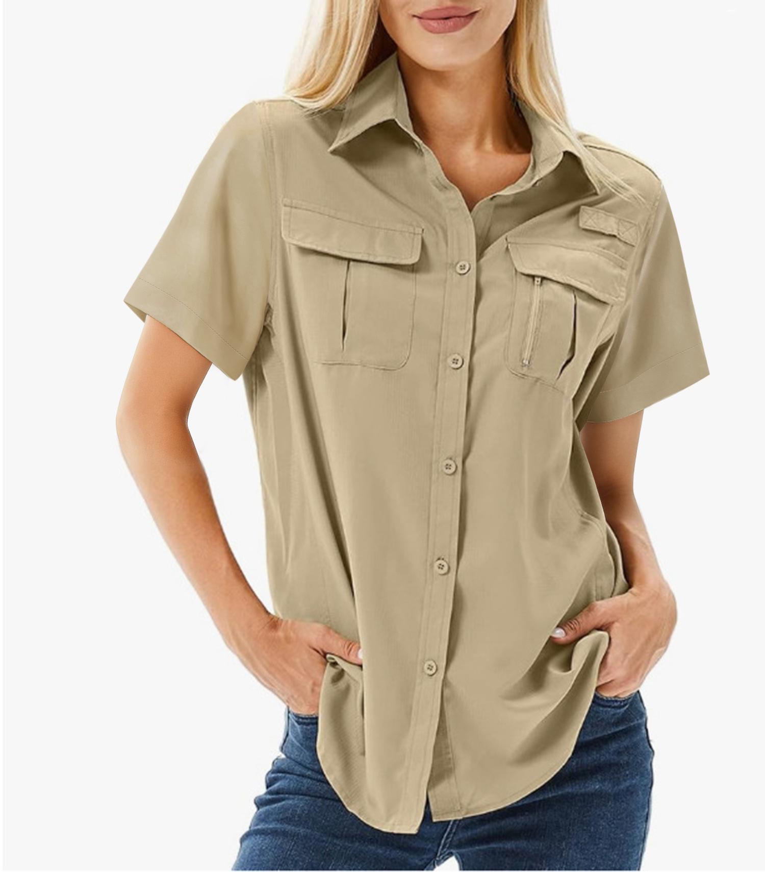 

Casual Quick-Dry Stretch Zip Lapel Pocket Short Sleeve UV Protection Shirt Extra Large хаки