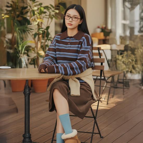 Striped Collar Neck Knit Sweater FFF