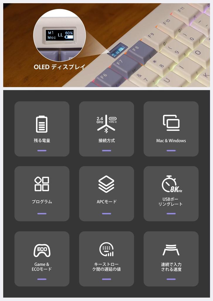 NiZ Tastatur Kapazitive Drahtlose Tastatur mit englischen PBT-Tasten, kompatibel mit Windows und dedizierten 30g Tasten und 99 Hellviolett, kompatibel mit und Linux