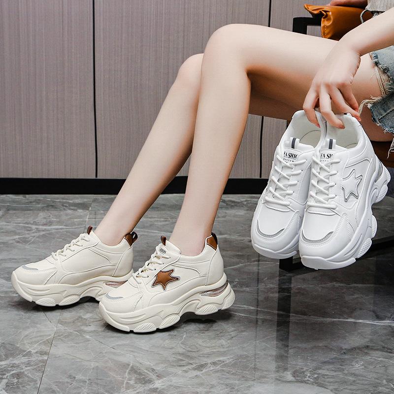 Dámské tenisky Dad Shoes Jaro Nové kulaté špičky Šněrování Barevný blok Studentská platforma Bílé boty