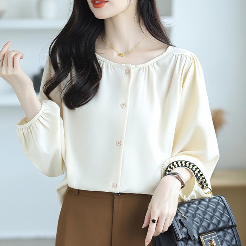 New Fashion Lantern Sleeve Loose Casual Blouse Women Single Breasted Elegant Solid Vintage Shirts Women Tops Round Neck Plus Size Ladies Blouses 26335