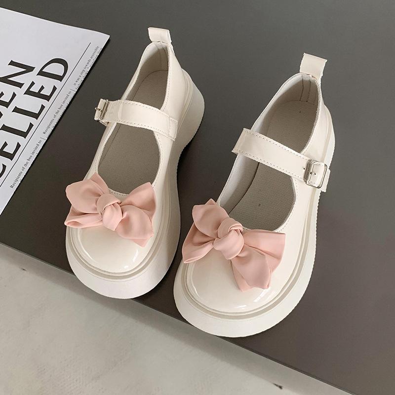 Small Leather Shoes Women's 2025 Spring and Summer New Round Head Retro Bow One-word Buckle Mary Jane Shoes College Style Shoes