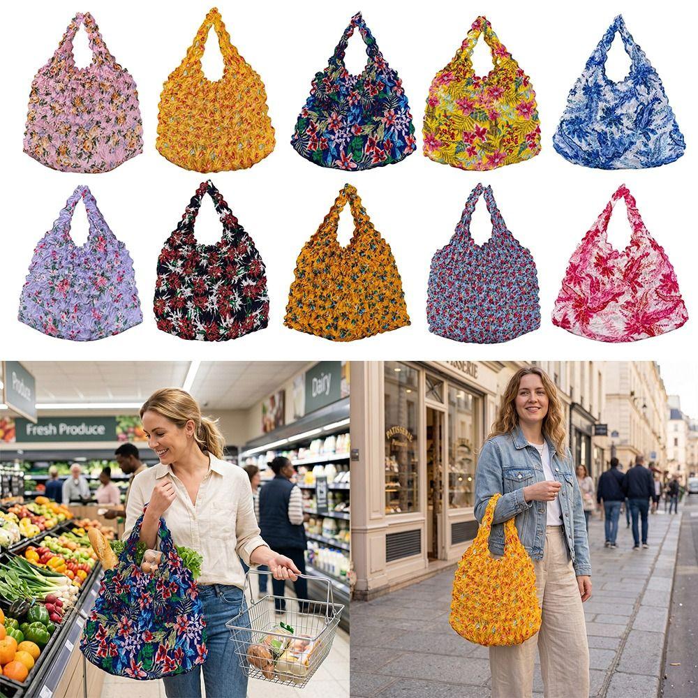 Portable Floral Pattern Bubble Bag Foldable Handheld Tote Bag Expandable Machine Washable Handbag for Travel