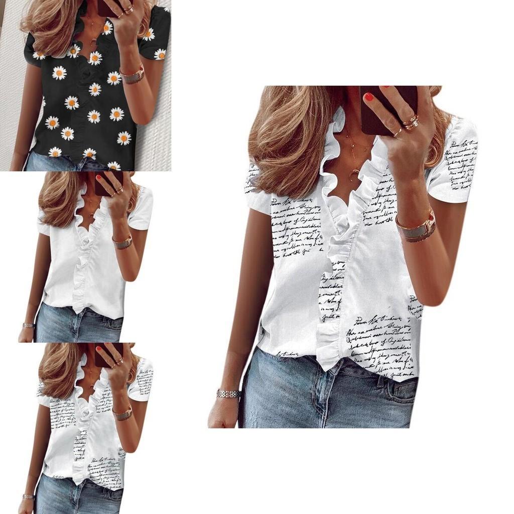 Stylish Women's V Neck Ruffle Short Sleeve T Shirt With Fashionable Daisy Print