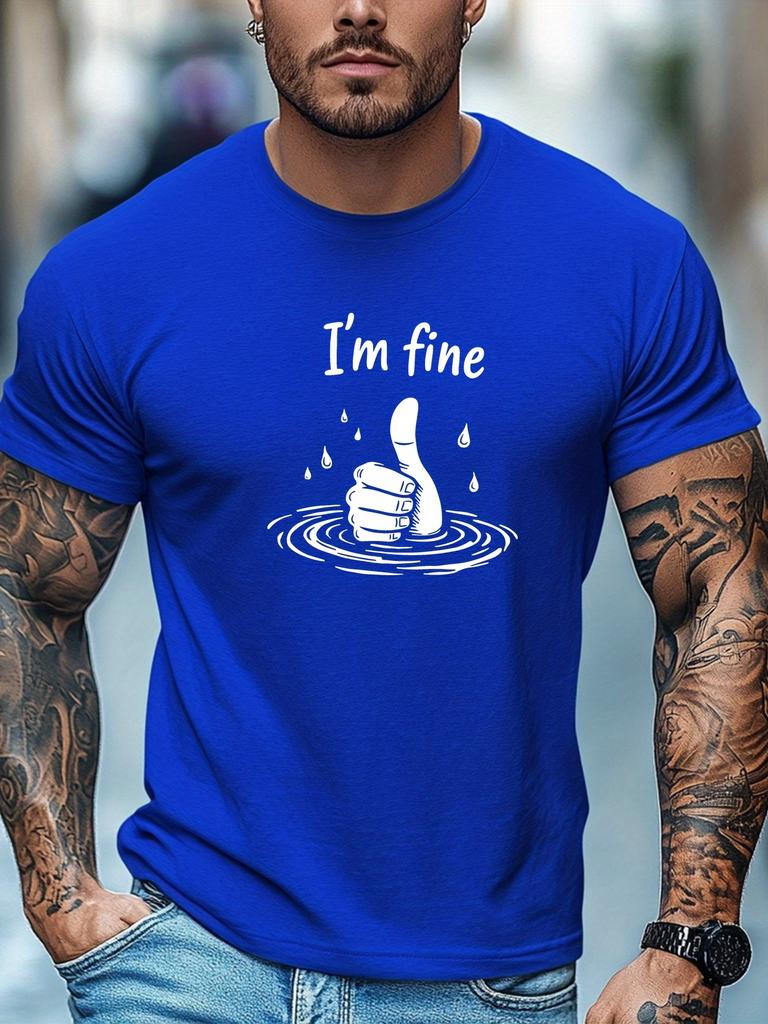 Unisex O Neck Tee Im Fine Thumbs Up Drowning Pattern Print Cotton Short Sleeve Loose Summer Breathable Daily Casual Basic Wear Top
