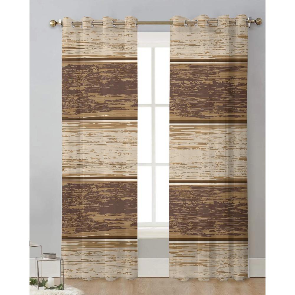 Braune Retro Holzmaserung Rustikale Durchsichtige Vorhänge für Wohnzimmerdekoration Fenstervorhang Küche Tüll Voile Organza Drapierungen
