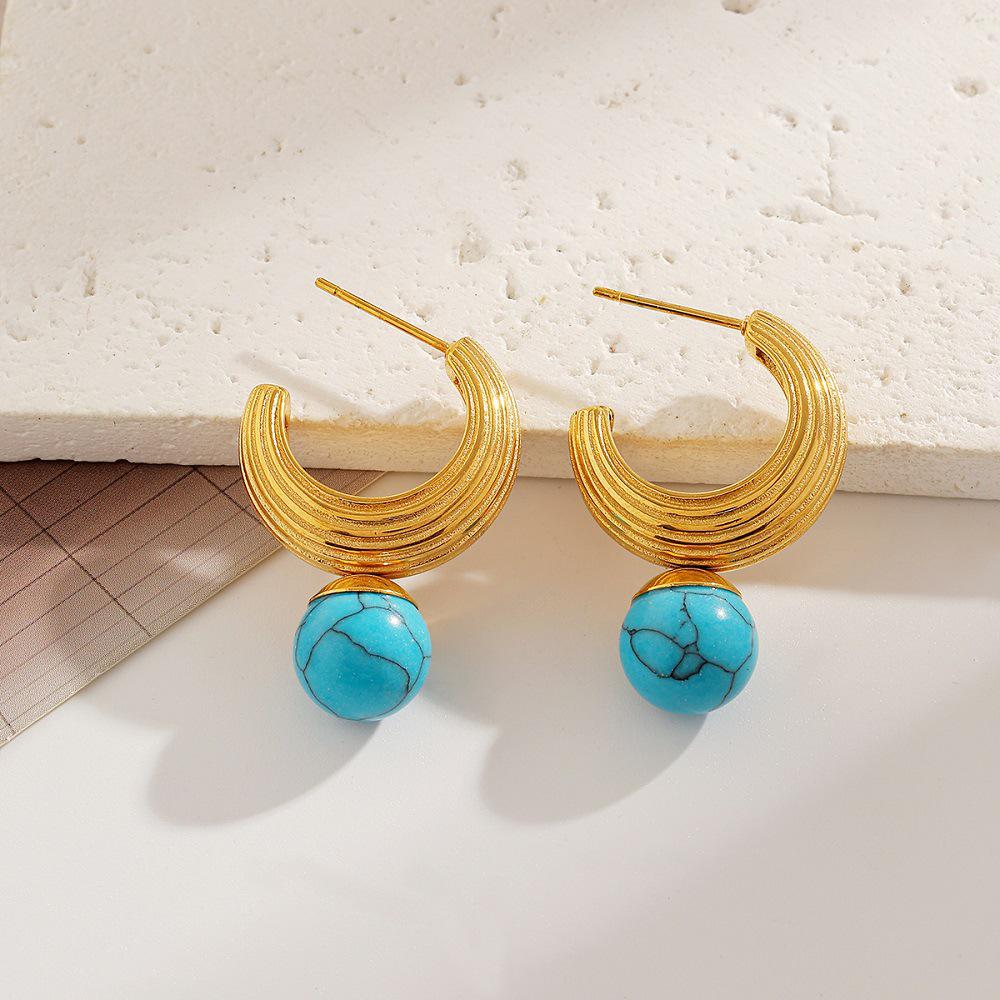 Ying Tai 18k Gold High-Polish Non-Fading Turquoise Stainless Titanium Steel Stud Earrings for Women.