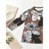 Plus Size - Women's Crew Neck Long Sleeve Top, Coffee Bottom Ink Floral Print with Pocket, Casual Shirt