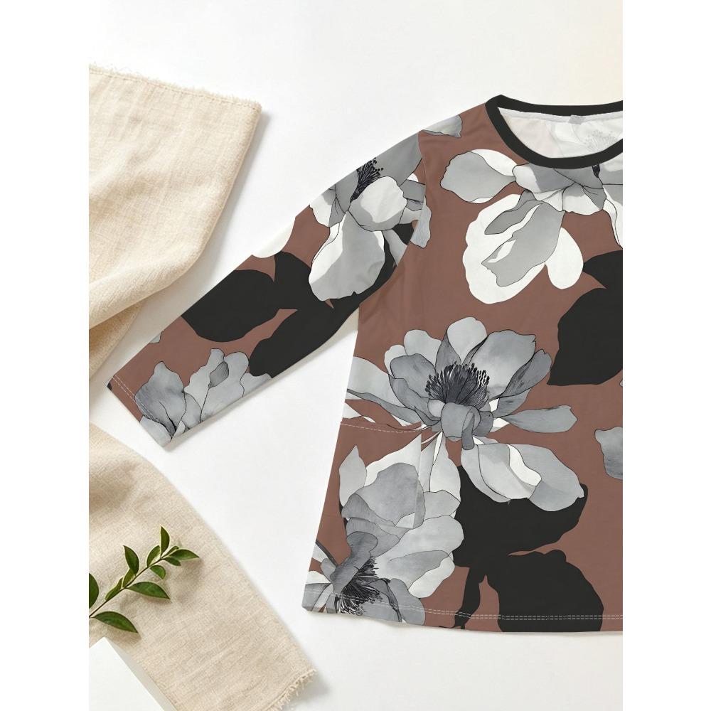 Plus Size - Women's Crew Neck Long Sleeve Top, Coffee Bottom Ink Floral Print with Pocket, Casual Shirt
