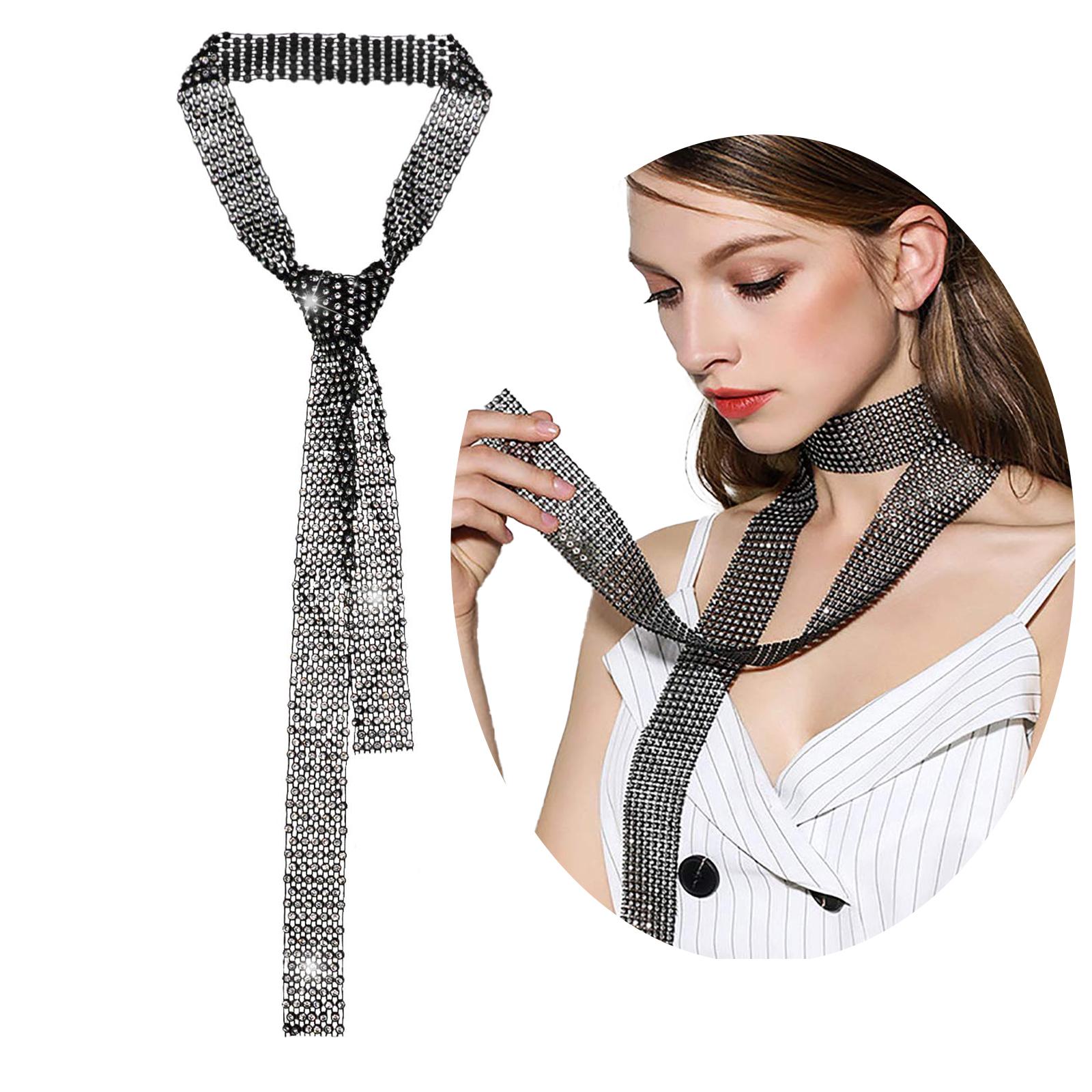 Glitter Rhinestone Neck Tie, Long Crystal Skinny Scarf for Women