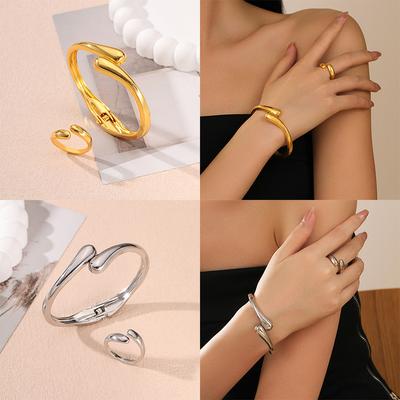 1 Set of Fashionable and Simple Heavy Metal Temperament Geometric Ring Smooth Surface Women's Bracelet Ring Jewelry Set