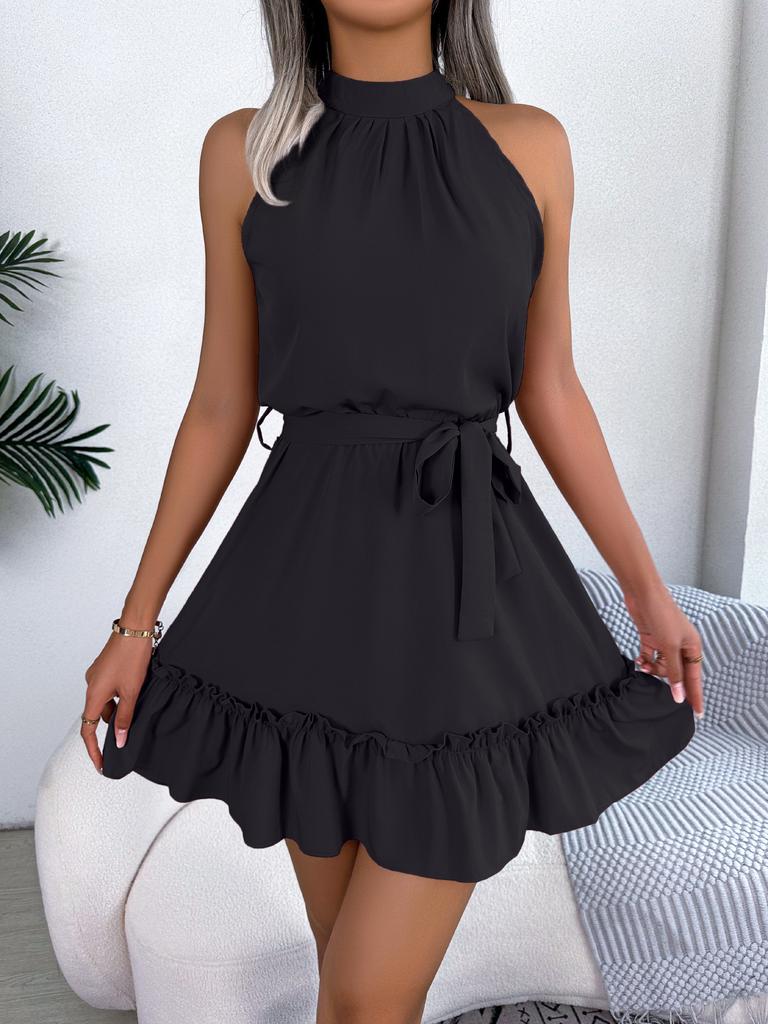 Dámské módní ležérní bezrukávové A-line šaty se zavinovacím pasem a volánky