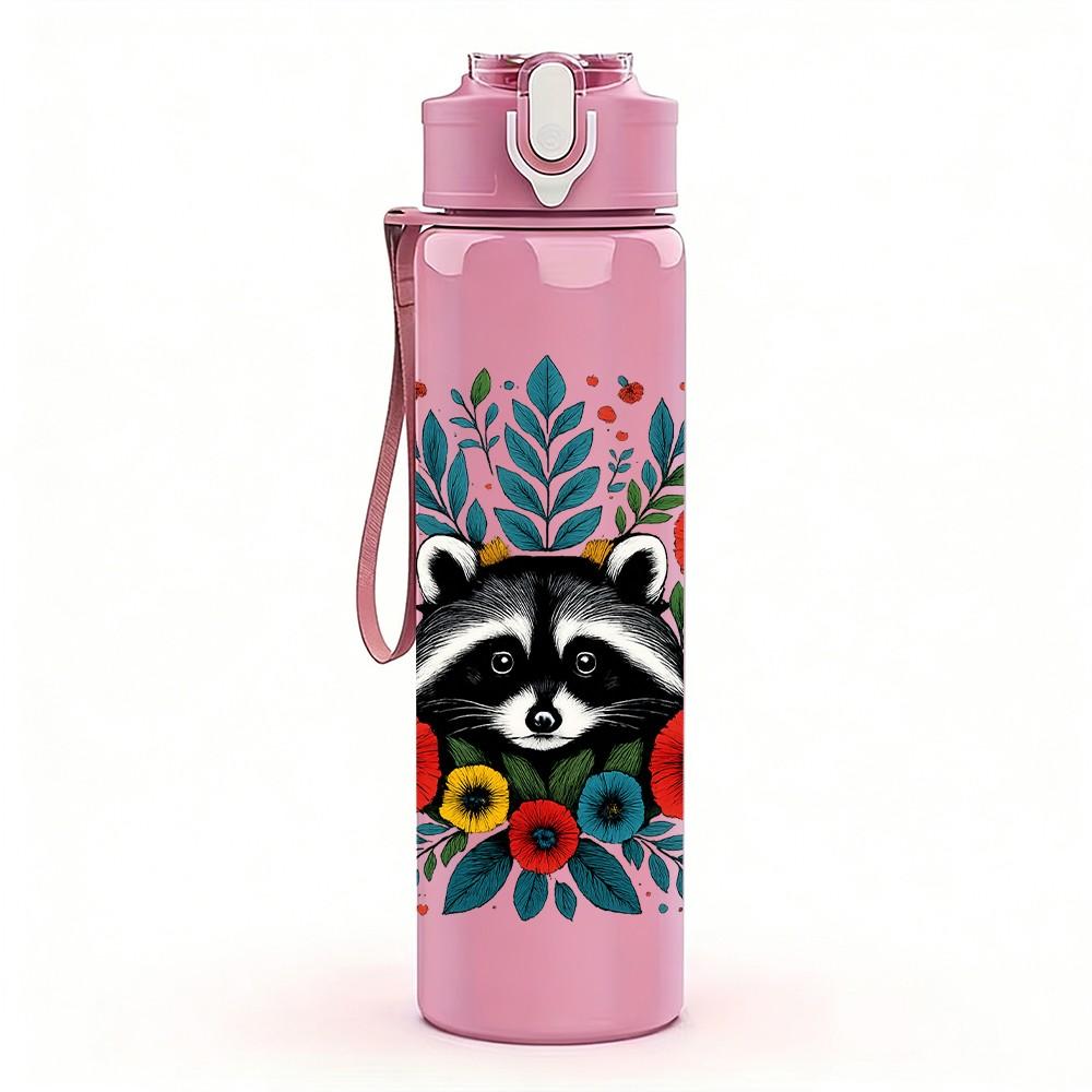 1PC Floral Raccoon Portrait 750ml Color Plastic Sports Water Bottle Leakproof Flip Straw Lid Suitable for Sports Office Home Use