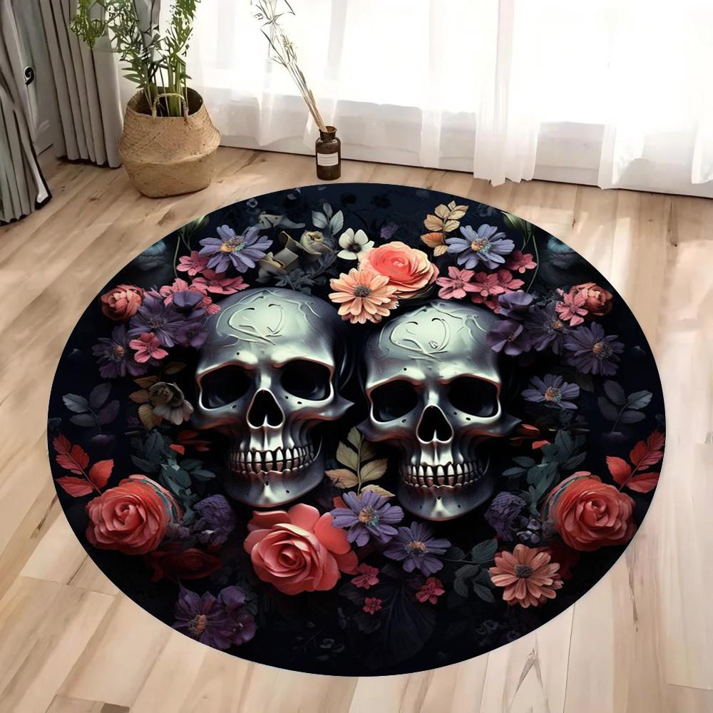 Halloween Terrifying Rose Skull Round Carpet Gothic Rose Carpet Bedroom Living Room Decoration Halloween Gift