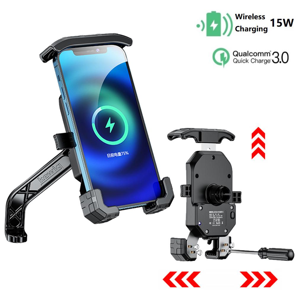 2024 Vylepšený držák na telefon na motocykl 15W bezdrátová nabíječka USB QC2.0/3.0 rychlé nabíjení stojan na smartphone na kolo nastavitelný držák