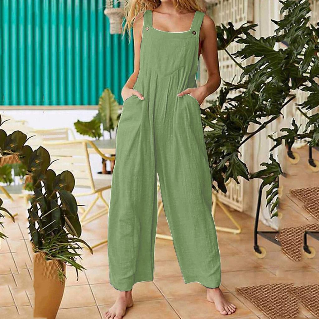 Women's Fashion Color Insert Pockets Retro Button Strap Jumpsuit