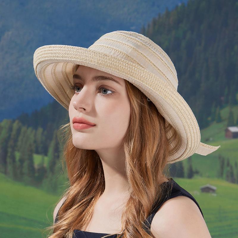 Summer Straw Hat Women's Striped Big Brim Fisherman Hat Outdoor Sun Protection Sun Hat