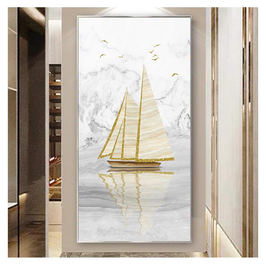 Painting Minimalist Landscape Poster Print Nordic Wall Art Picture Entrance Decoration Abstract Golden Sailing Boat Canvas