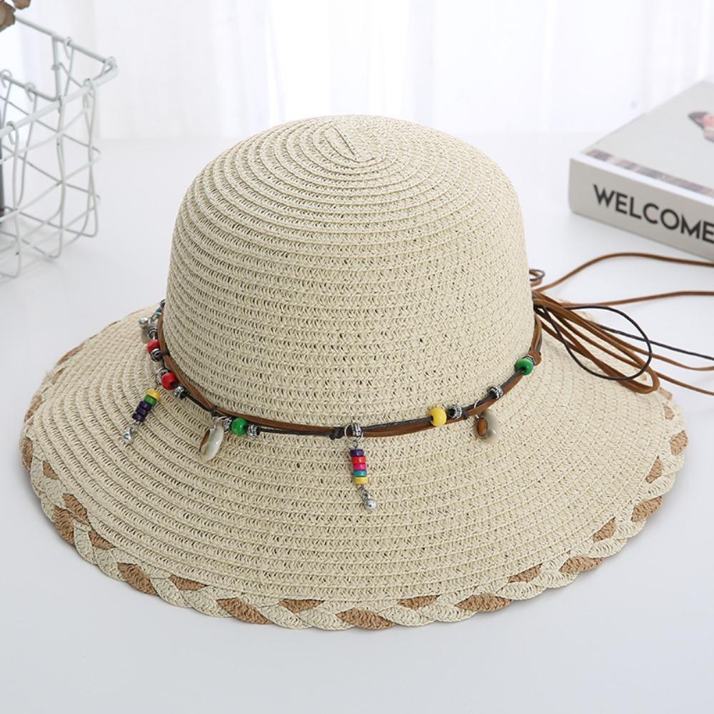 Wide Brim Folding Straw Hats Spring Summer Women's Sun Hat Bohemian Beaded Strap Straw Hat  Outdoor