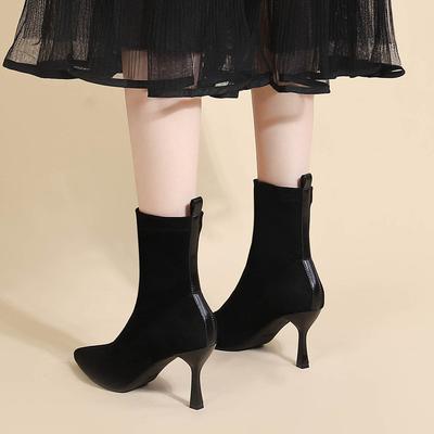 Xinhao Shoe Factory Autumn and Winter Models, High-heeled Elastic Boots, Thin-heeled Bare Boots, Black Suede Pointed Thin Boots, Versatile Short Boots