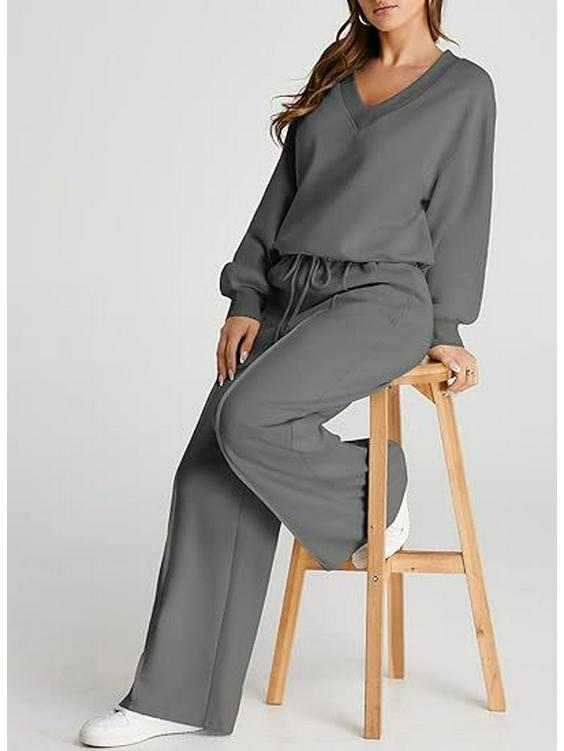 2025 Women's V-Neck Solid Color Casual Suit Set: Sweatshirt & Long Pants - European & American Autumn/Winter Fashion
