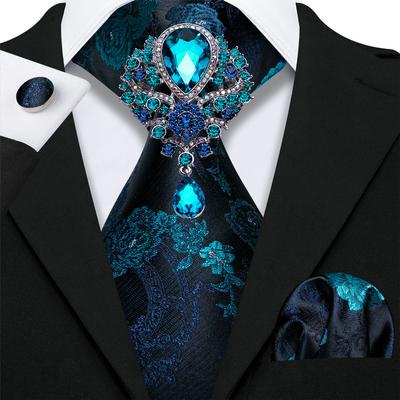 Tie Brooch Hanky Cufflink for Men Teal Blue Designs Paisley Plaid Silk Necktie Formal Set