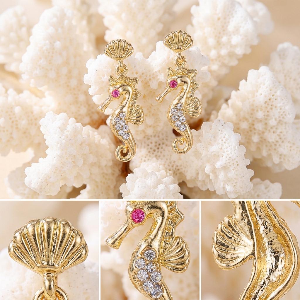 Elegant Pink Clear Rhinestones Seahorse Drop Earrings for Women Gold Color Shell Studs Nautical Ocean Theme Jewelry Summer Gift