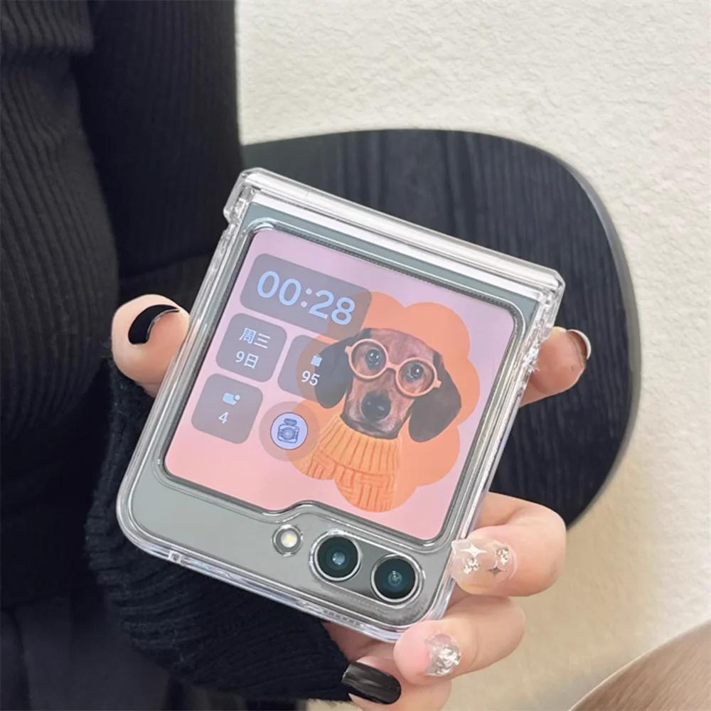 Ins Korean Cute Clear Case For Samsung Z Flip 7/6/5/4/3 Hinge Full Protection PC Case For Motorola Razr 60 50 Ultra Razr 40Ultra