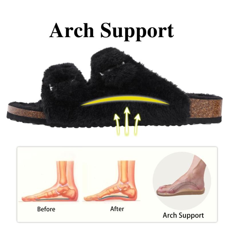 Fashion Kidmi Womens Fuzzy Slippers with Arch Support Adjustable Buckles New Fashion Cork Footbed Slides Open Toe Indoor Shoes for Women