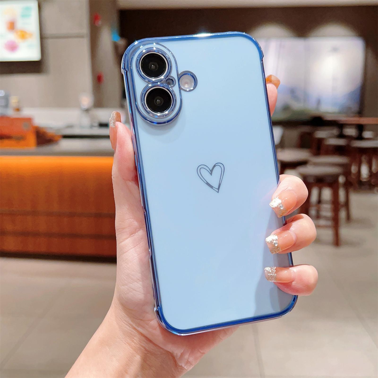 

For iPhone 16 Case Love Heart Pattern TPU Phone Cover Electroplating Edge Blue