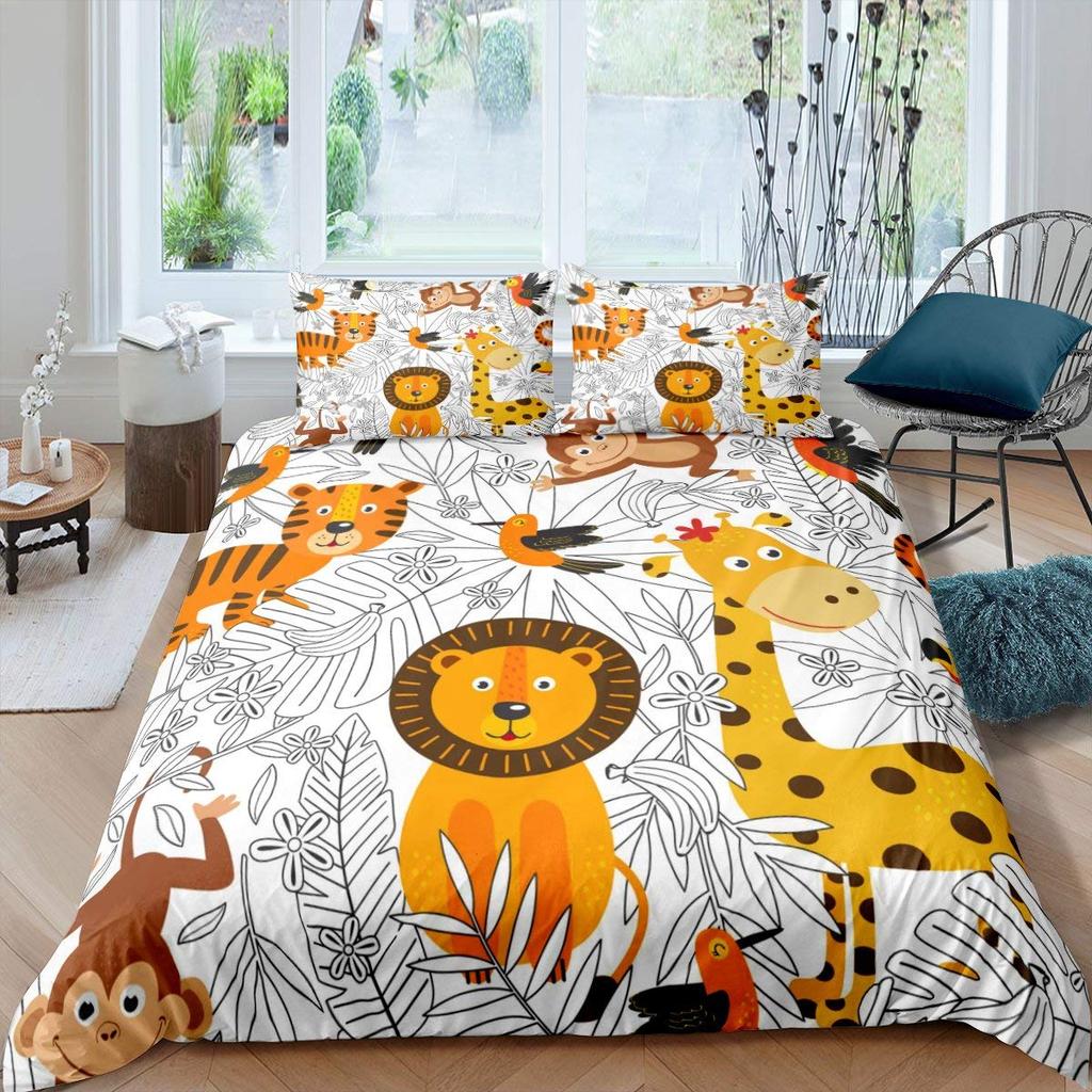 Cartoon Animals Duvet Cover Set King Size Savannah Tropical Forest Jungle Wildlife Bedding Set Kids Zoo Polyester Quilt Cover