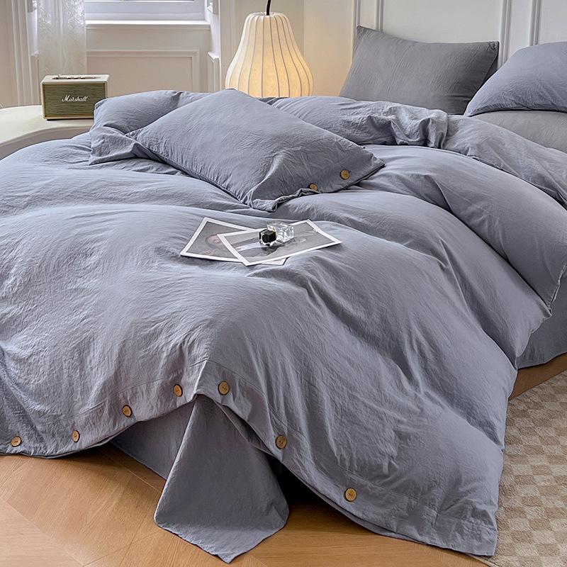 MUJI-Style Four-Piece Flannel & Washed Cotton Bedding Set with Buttoned Duvet Cover