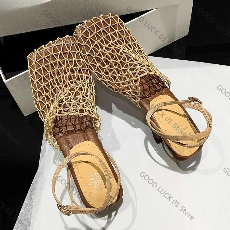 Fashion Weave Mesh Women Heeled Sandals Hollow High Heels Shoes Woman Square Toe Slingback 2025 Summer Trend Beach Pumps Sandalias Mujer