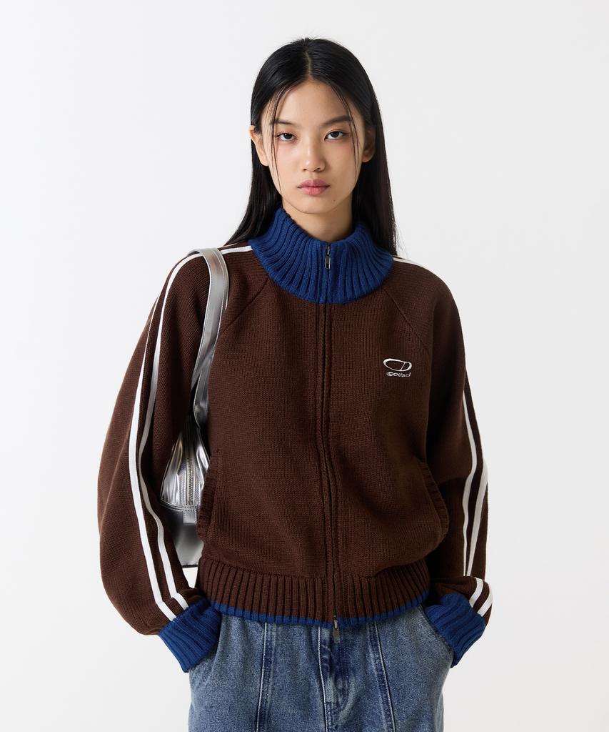 Oddstudio Sporty Track Semi-Crop Knit Zip-Up - Brown