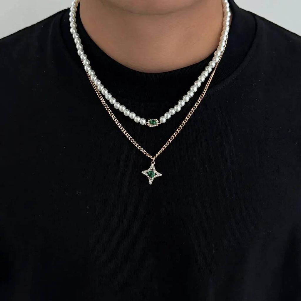 KunJoe 2 st/set Retro Imitationspärlhalsband för män Hip Hop Grön Strass Stjärnhänge Halsband Smycken Nytt