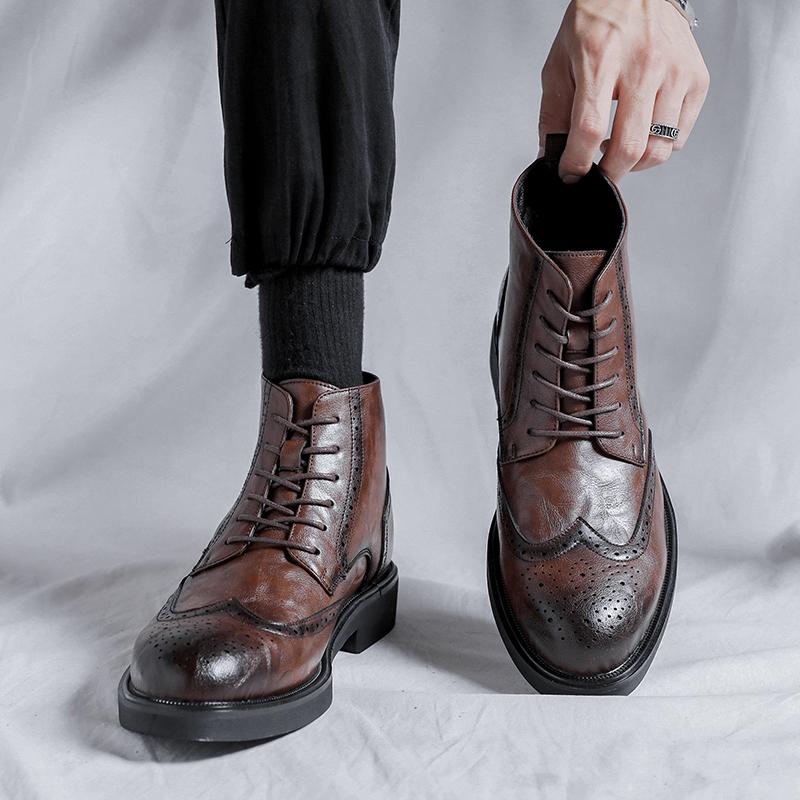 Men's high top leather shoes classic retro brogue style Autumn and Winter Outdoor Daily Business Office Black brown short boots