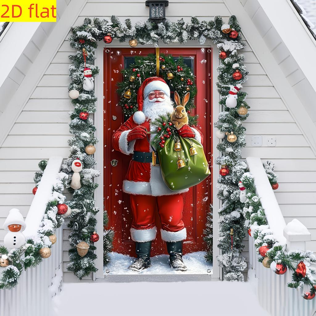 1PC Large Christmas Door Banner - Santa and Rabbit Holiday Decoration with Snow View, Extra Long 35.4x70.8 Inch Door Curtain
