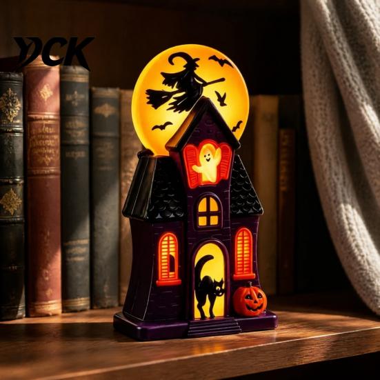 Mystical Halloween Shadow Lamps Haunted House Blow Mold Light, Vintage Pre-Lit Mansion Decor with Glowing Witch Retro Ghost Ornaments Moon Black Cat,