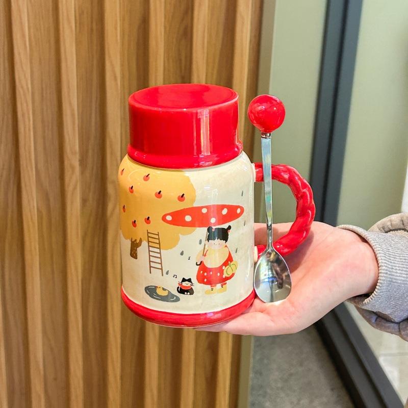 Cute retro kettle high value boys and girls ceramic mug with lid large capacity water cup birthday gift practical