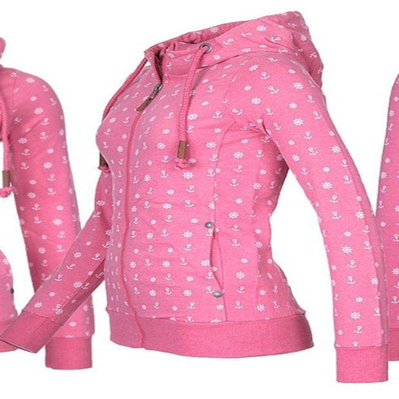 Luxuriöser und weicher Damen-Kapuzenpullover aus Fleece mit Seeanker-Print und Reißverschluss