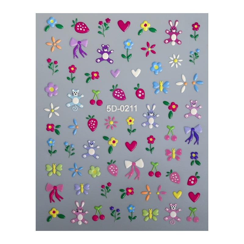 Small Fresh Flower Relief Nail Art Sticker Sweet Daisy Strawberry Flower Three-Dimensional Nail Decorative Sticker