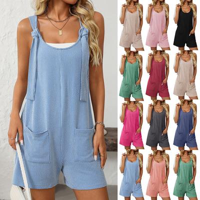 Women's Casual Summer Short Rompers and Jumpsuits Overalls Ladies Loose Sleeveless Bandage Strap Pockets Bodysuits