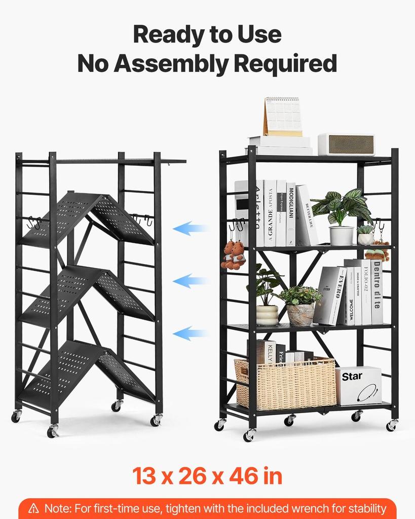 4-Tier Foldable Storage Shelf with Wheels 26 X 13 X 46-inch Metal Shelving